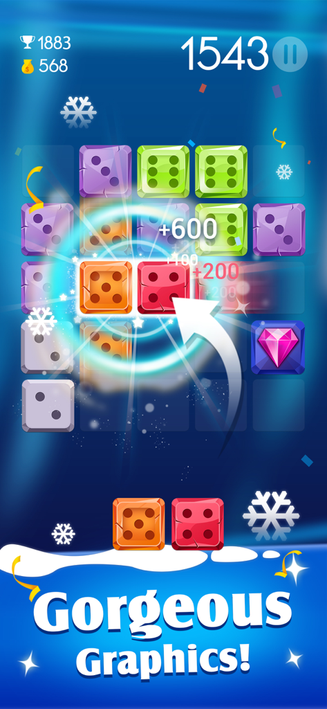 Gameplay of Merge Frenzy Sort Puzzle featuring colorful dice blocks and visual blast effects.