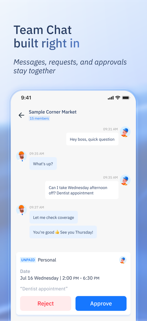 ShiftFlow team chat interface showing an employee request for time off and a manager approval