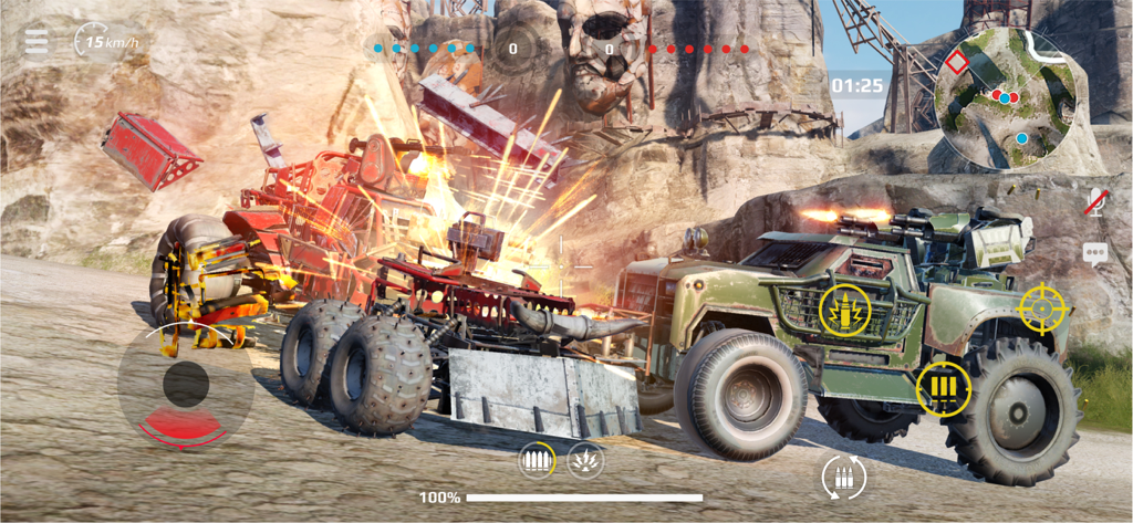 Action-packed armored car battle with explosions in a post-apocalyptic setting.