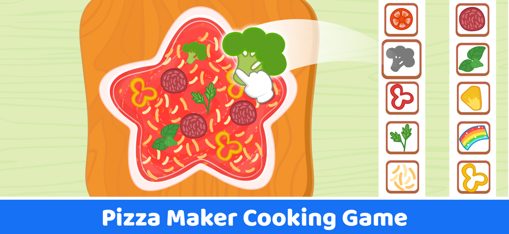 Supermarket Game Kids Shopping - Pantalla de juego de creación de pizzas para niños pequeños con una pizza en forma de estrella y varios ingredientes