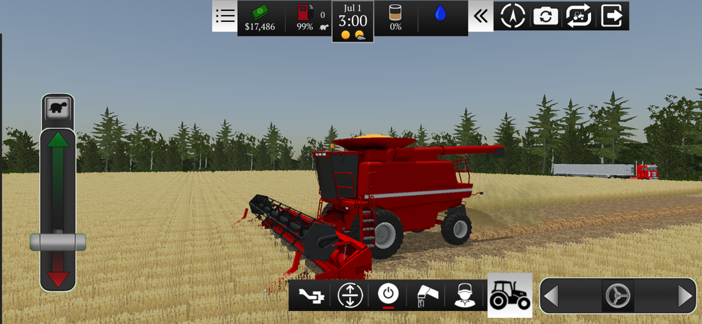 A red combine harvester harvesting a field of wheat in the Farming USA 2 mobile simulation game