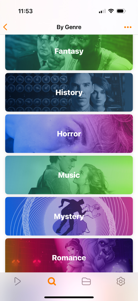 Écran de l'application Infuse montrant une liste de catégories de films par genre, y compris Fantastique, Histoire et Horreur avec des tuiles visuelles colorées