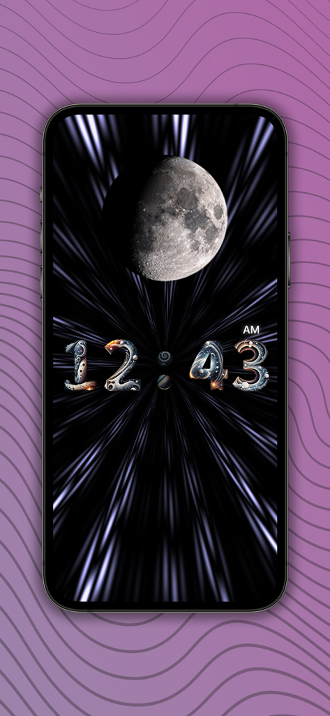 Display de relógio digital com tema espacial, apresentando uma grande lua e números estilizados da galáxia