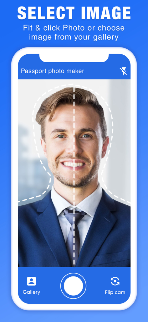 Mobile app interface showing a headshot alignment guide for creating a professional passport photo.