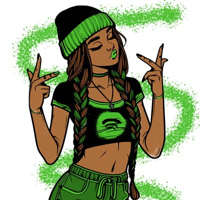 realistic teenage girl with braids and a beanie and crop top doing 🫶🏼