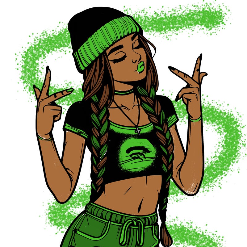 realistic teenage girl with braids and a beanie and crop top doing 🫶🏼