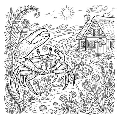 Discover the delightful world of a Fiddler Crab in a whimsical Cottagecore setting with this intricate coloring page. Perfect for adults and teens, it offers a serene escape to a rustic coastal haven.