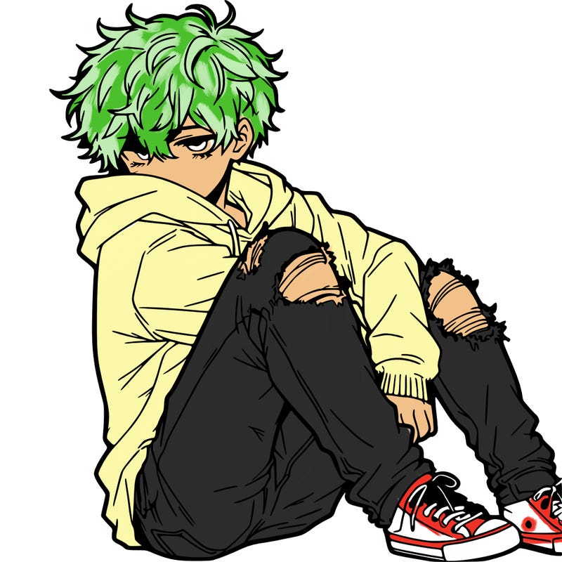 a male hoddie ripped jeans messy hair anime