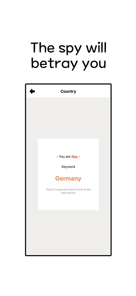 Pantalla de juego móvil que muestra el rol del jugador como Espía con la palabra clave Alemania