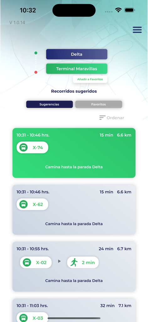 Interfaz de la aplicación OptiBus León mostrando rutas de transporte público sugeridas con tiempos de viaje y números de autobús