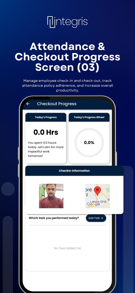 Integris: Attendance App - Tela do painel de checkout do aplicativo Integris de frequência mostrando horas de progresso diário e detalhes de check-in de localização.