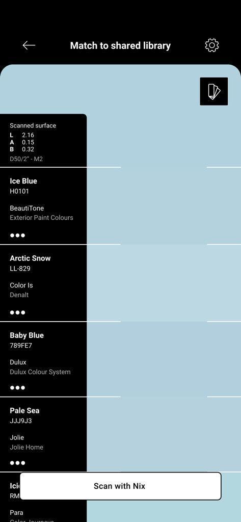 Nix Toolkit - Bildschirm der Nix Toolkit App, der Ergebnisse zur Farbabstimmung und Vorschläge für Farbbibliotheken für eine gescannte Oberfläche anzeigt