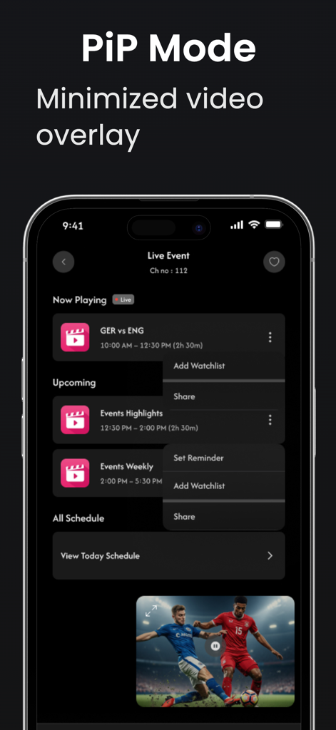 iPTV Pro - iPTV Smarter Player - La aplicación iPTV Pro muestra el modo Picture-in-Picture con un video minimizado de deportes en vivo superpuesto y el horario de eventos.