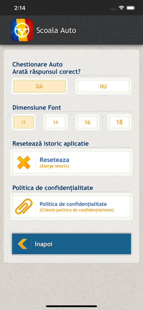 Scoala Auto, Chestionare auto - Settings menu of the Scoala Auto app showing options for font size history reset and privacy policy in Romanian