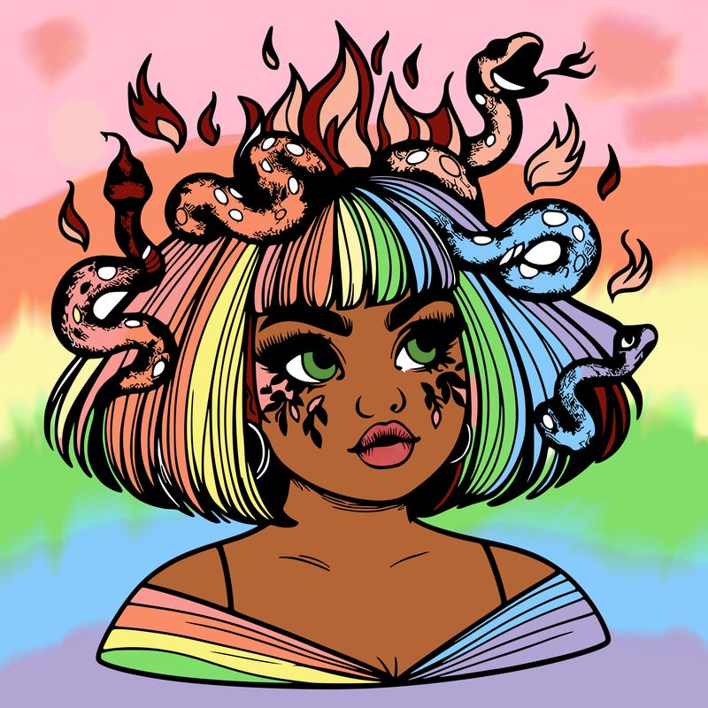 a plus size girl with short hair and snakes coming off her head like medusa, and flames in her eyes, beautiful and realistic