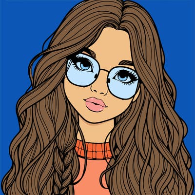 girl with long hair and freckles and glasses realistic