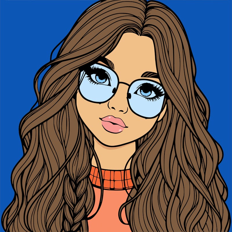 girl with long hair and freckles and glasses realistic