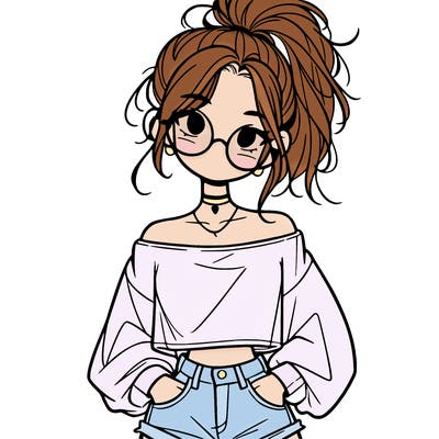 girl with a messy ponytail glasses a baggy crop top and jean shorts