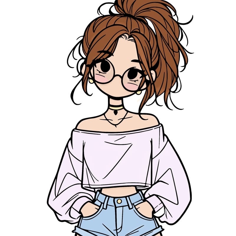 girl with a messy ponytail glasses a baggy crop top and jean shorts
