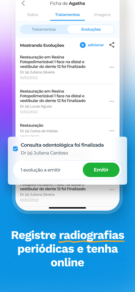 Simples Dental app interface for tracking patient treatment history and evolutions