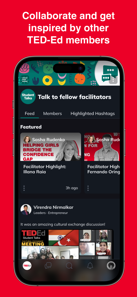 A smartphone displaying the TED-Ed Community app interface showing a feed for facilitators to collaborate and get inspired by other members.
