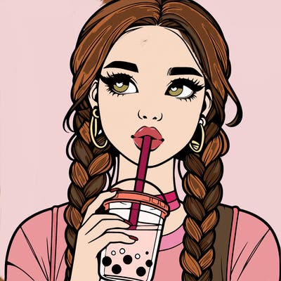 realistic girl with braided hair drinking boba