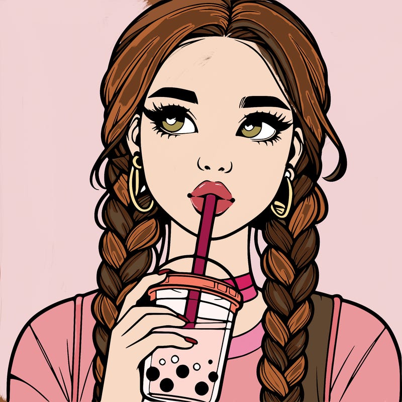 realistic girl with braided hair drinking boba
