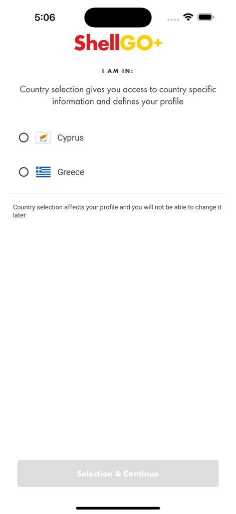 Shell GO plus app country selection screen with options for Greece and Cyprus