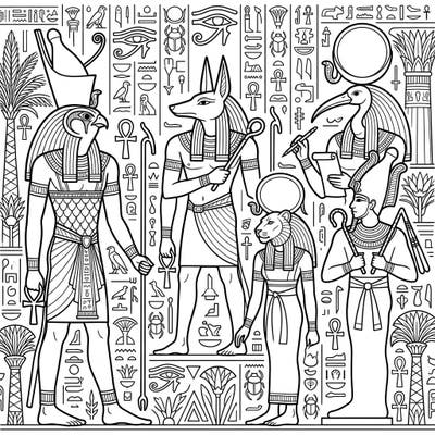 Step back in time to the land of pharaohs and pyramids with this captivating coloring page featuring the mighty Gods of Ancient Egypt. This intricate design showcases iconic deities and rich hieroglyphs, offering a truly immersive coloring experience for all ages.