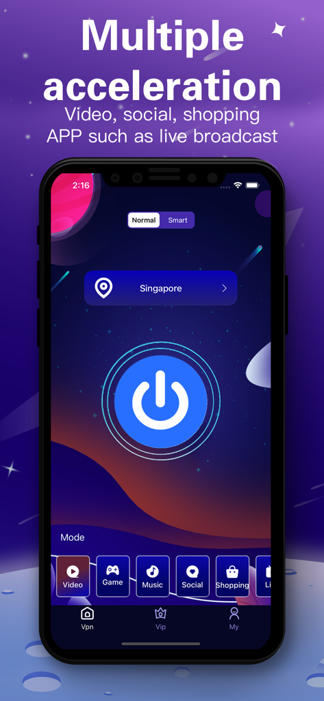 Twister加速器-VPN网络加速 - Mobile app screenshot of Twister Accelerator showing vpn connection interface with video game and music modes