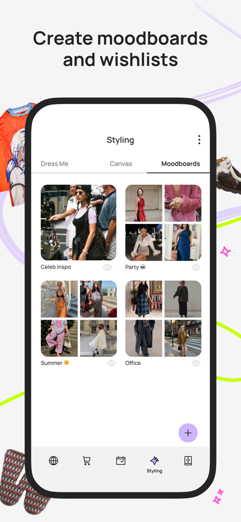 Smartphone screen showing the Whering app moodboards feature with fashion outfit categories.