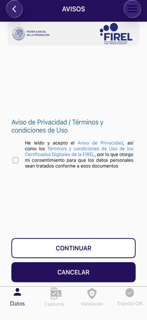 FiREL PJF - FiREL PJF App Datenschutzhinweis und Bildschirm zur Zustimmung zu Nutzungsbedingungen