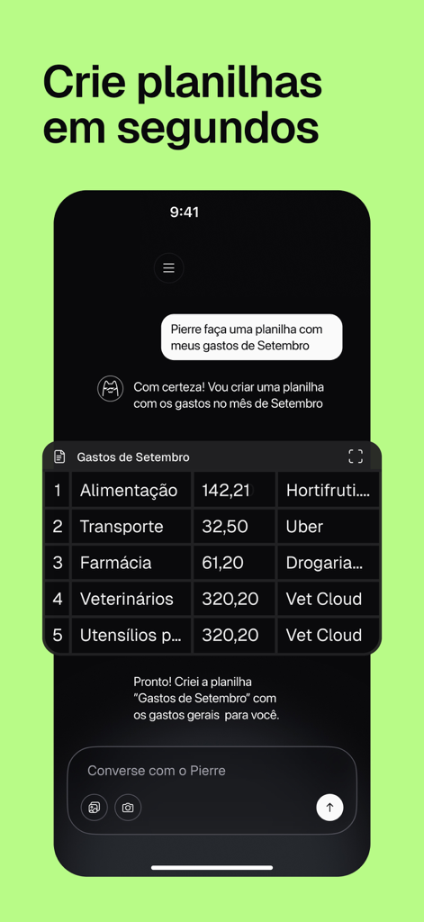 Smartphone screen showing Pierre AI assistant creating an automated expense spreadsheet in a chat interface