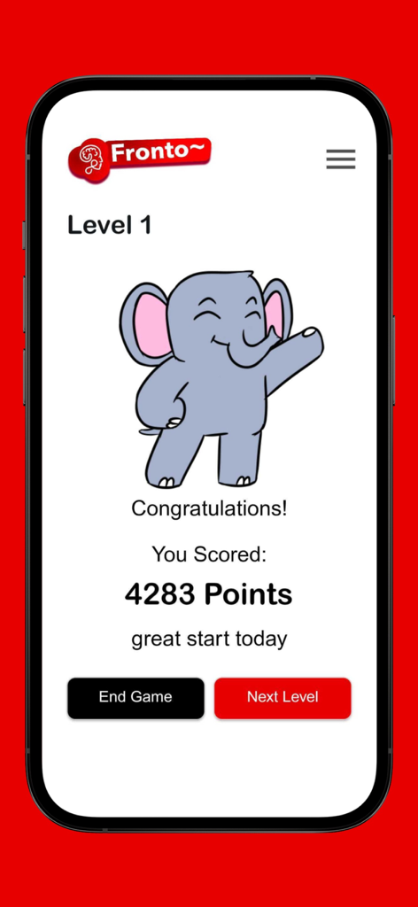 Uma tela de parabéns no aplicativo Fronto mostrando uma pontuação de 4283 pontos e um elefante acenando.