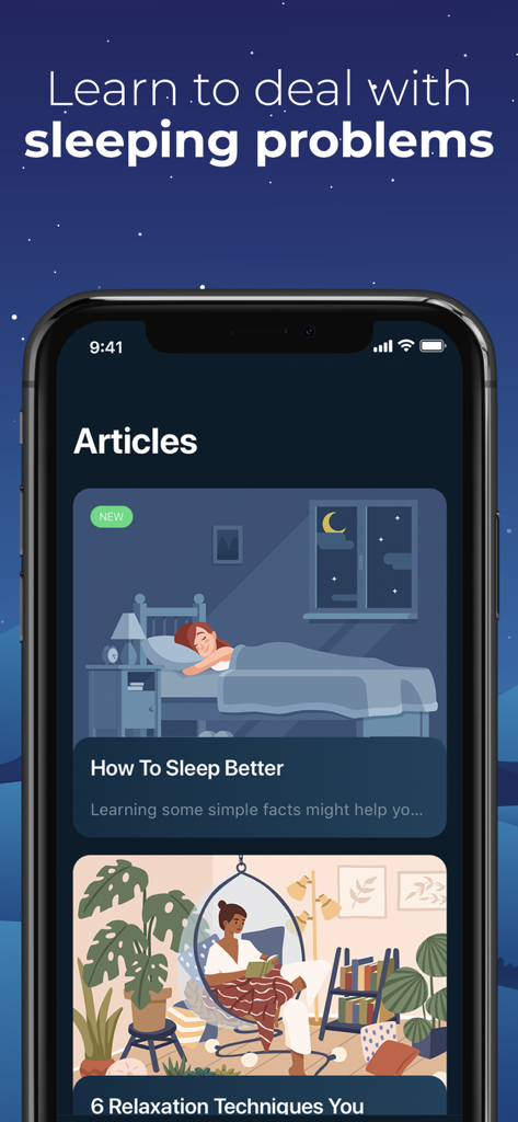 Sleepzy app interface displaying articles on sleep improvement and relaxation techniques.
