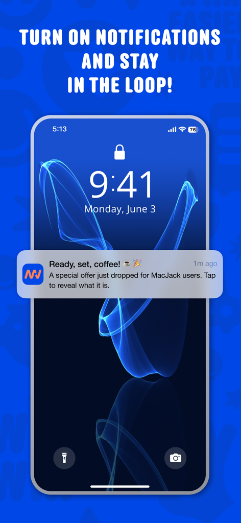 Smartphone screen showing a MacJack app notification with a special offer for users.