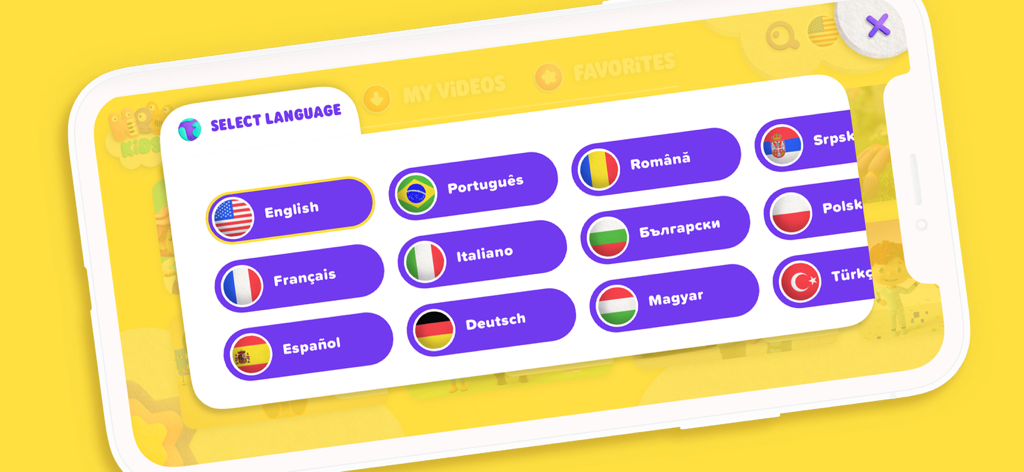 HeyKids - Nursery Rhymes - Menú de selección de idioma en la aplicación HeyKids que muestra varias opciones de idioma e iconos de banderas.