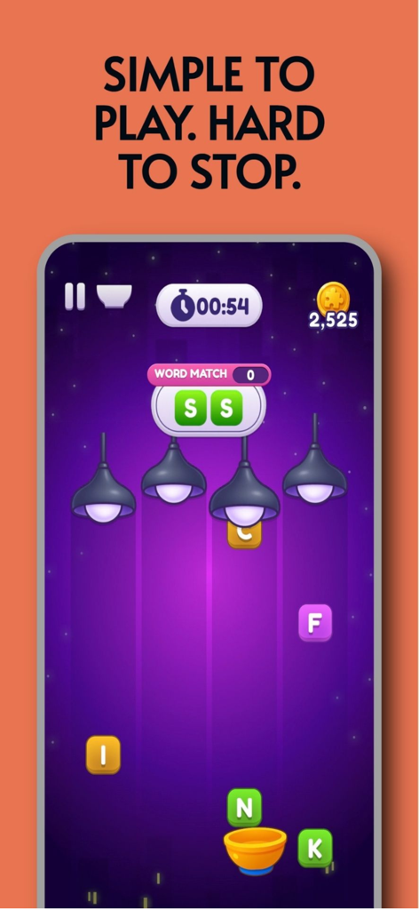 Una captura de pantalla del juego de puzles de palabras de Worde Flow que muestra letras que caen y un cuenco receptor