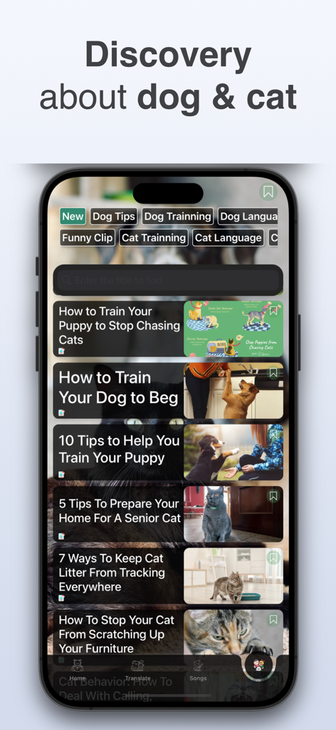Dog & Cat Translator: Pet Chat - Discovery screen showing educational articles and training tips for dogs and cats