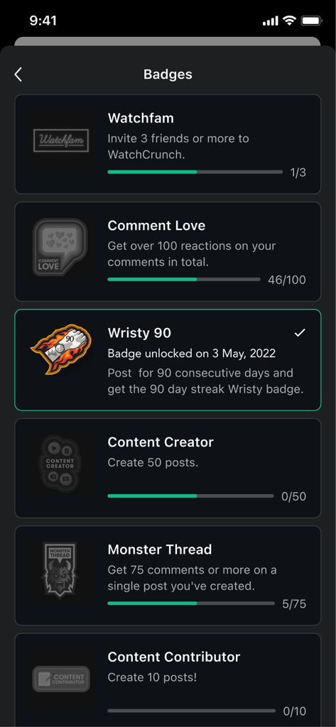 WatchCrunch Official - A list of community badges and achievement progress bars in the WatchCrunch app interface