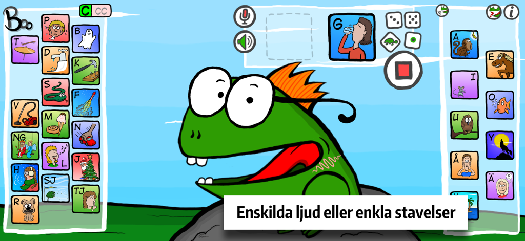Ljuda med Boo! - Una captura de pantalla de la aplicación Ljuda med Boo que muestra un personaje de dibujos animados verde demostrando la colocación de la boca para la fonética sueca junto a botones de sonido interactivos.