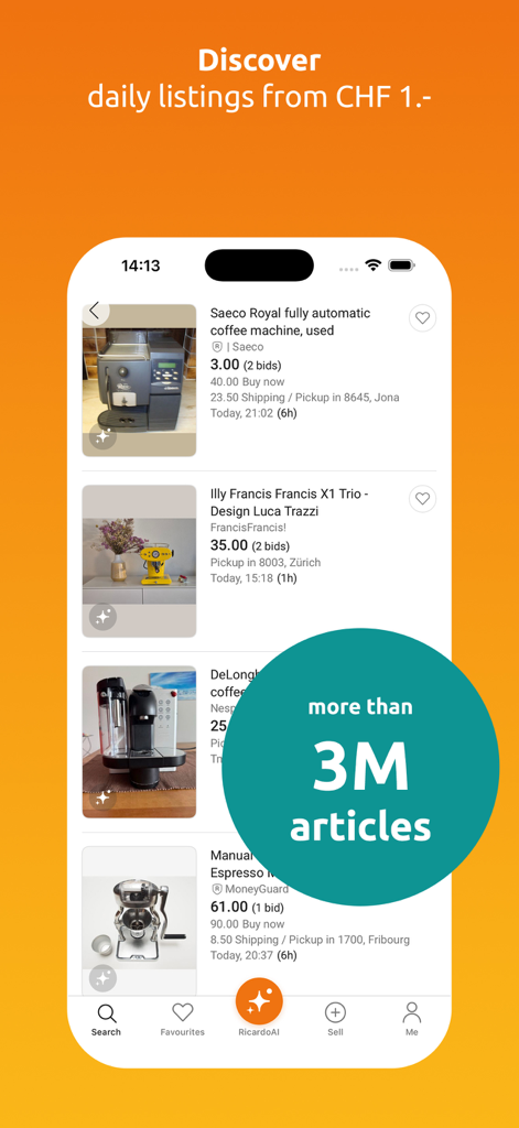 Ricardo App-Suchoberfläche, die verschiedene Angebote für Kaffeemaschinen und ein Abzeichen mit über drei Millionen Artikeln anzeigt