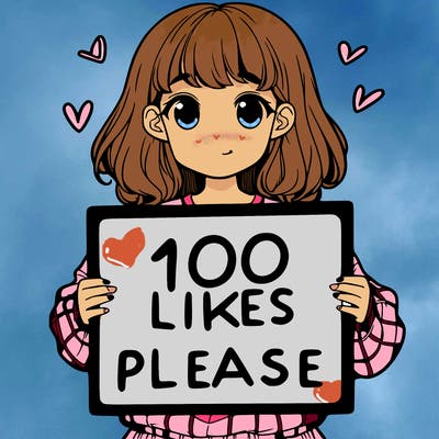 a girl holding a sign saying 100 likes please