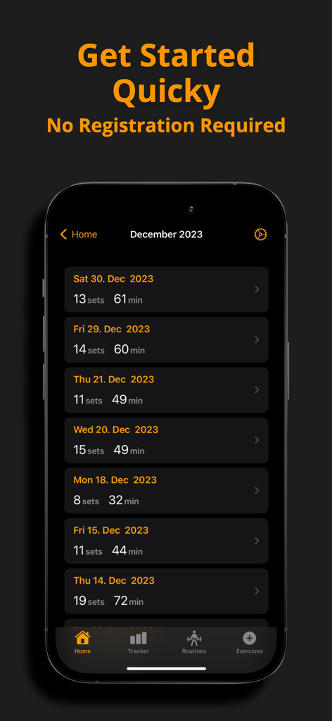 Gym Tracker Pro - Workout Log - Gym Tracker Pro app home screen displaying a chronological list of recorded workouts with sets and durations