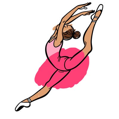 gymnast doing a leap in a leotard with a bent back leg