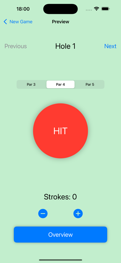 Easy Stroke Counter App-Oberfläche, die einen großen roten Schlag-Button und einen Schlagzähler für Loch eins zeigt