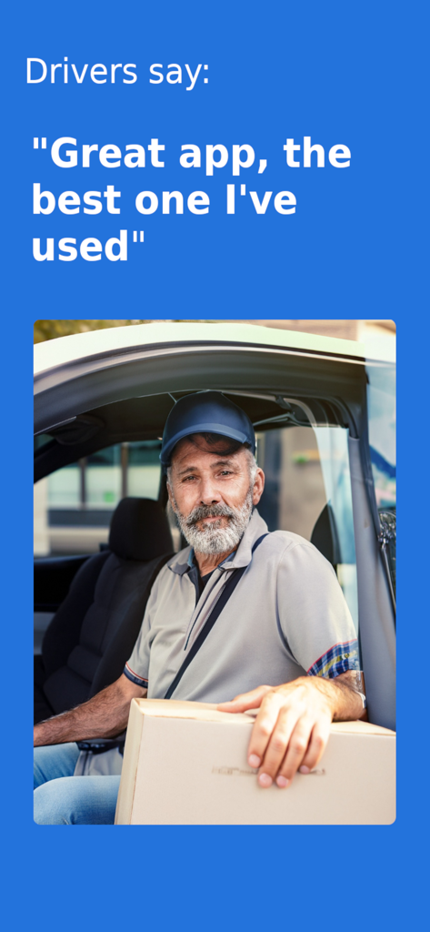 Maposcope Route Planner - Un repartidor en su vehículo sosteniendo un paquete con una cita elogiando la aplicación