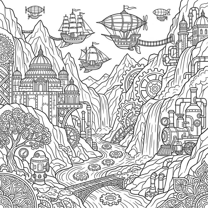 Embark on an epic coloring journey with this intricate Steampunk Sacred Valley scene. Discover a breathtaking landscape where ancient reverence meets a futuristic Victorian industrial marvel, filled with gears, airships, and majestic structures.