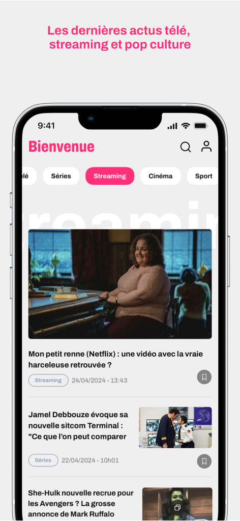 Interface de l'application Tele 7 Jours présentant les actualités du divertissement et les catégories de streaming