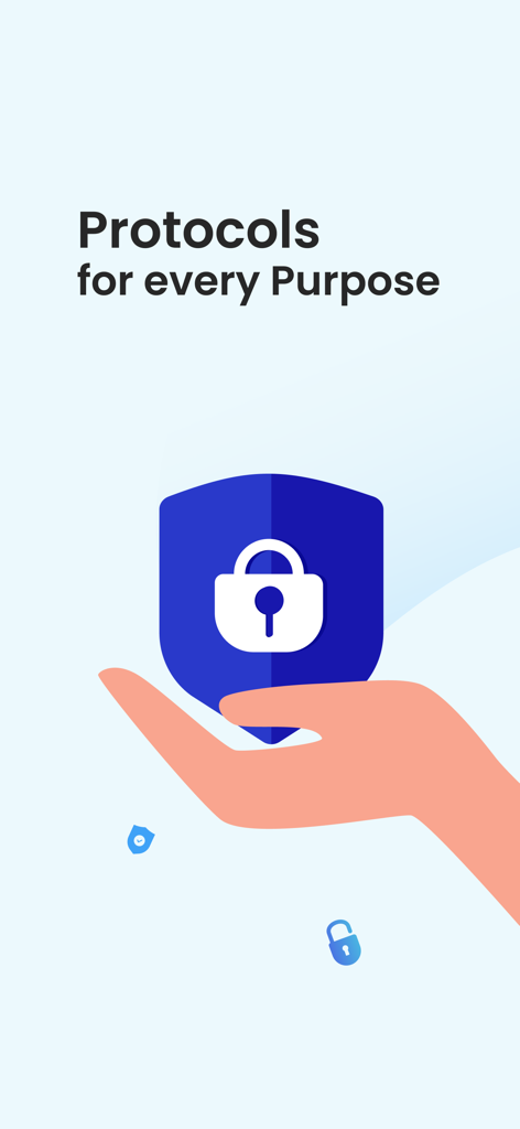 Capture d'écran de l'application Ivacy VPN affichant les protocoles pour chaque usage, avec une main tenant un bouclier de sécurité.